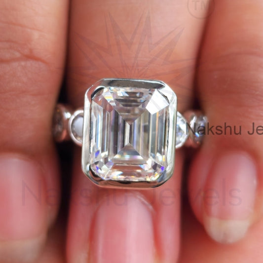 Emerald Cut Moissanite Bezel Set Engagement Ring