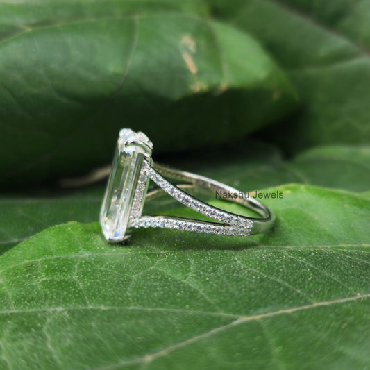 Elongated Emerald Cut Split Shank Hidden Halo Moissanite Engagement Ring
