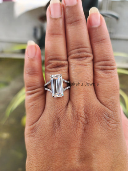 Elongated Emerald Cut Split Shank Hidden Halo Moissanite Engagement Ring
