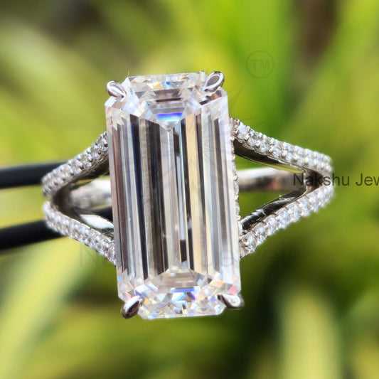 Elongated Emerald Cut Split Shank Hidden Halo Moissanite Engagement Ring