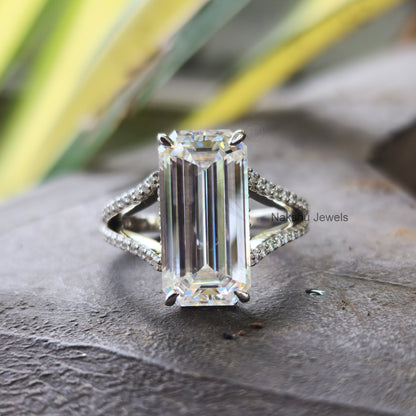 Elongated Emerald Cut Split Shank Hidden Halo Moissanite Engagement Ring