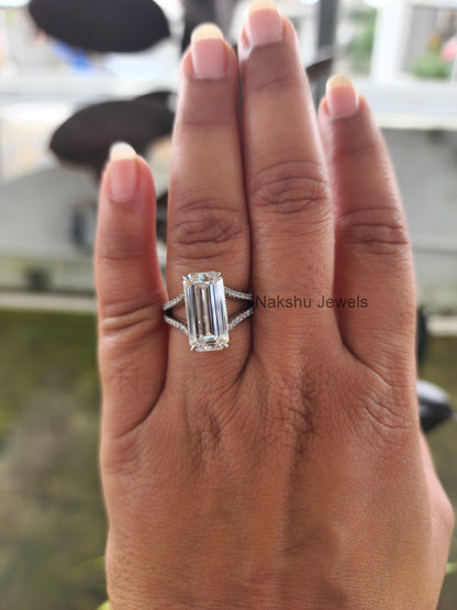 Elongated Emerald Cut Split Shank Hidden Halo Moissanite Engagement Ring