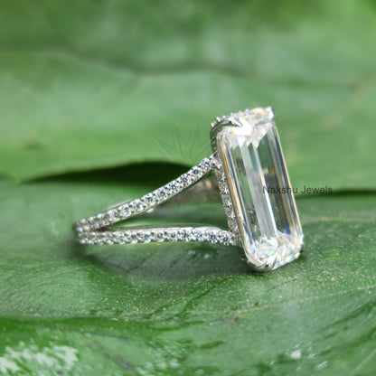 Elongated Emerald Cut Split Shank Hidden Halo Moissanite Engagement Ring