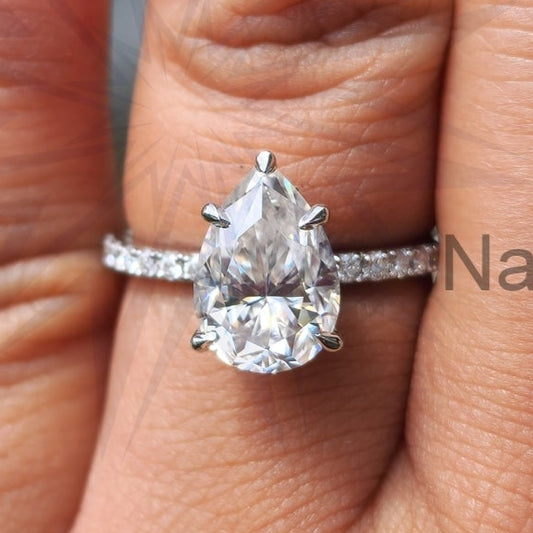 Pear Moissanite Hidden Halo Engagement Ring