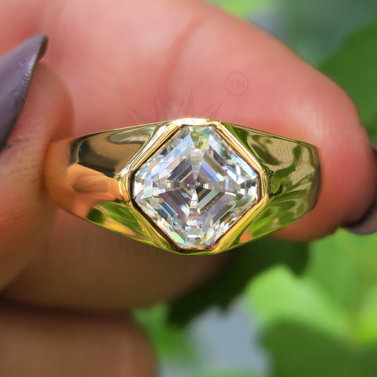 Bezel Set Asscher Cut Moissanite Solitaire Men's Wedding Engagement Ring