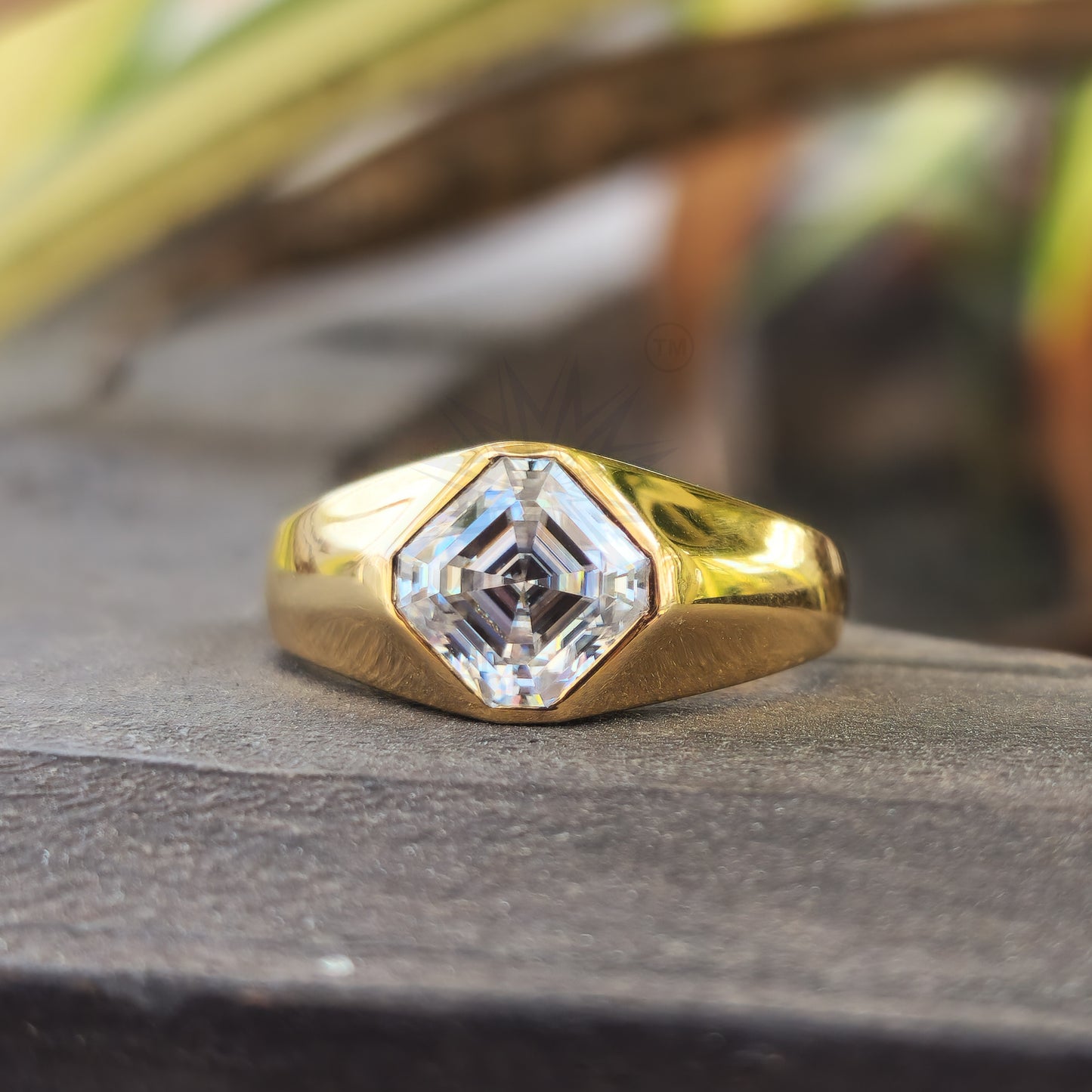 Bezel Set Asscher Cut Moissanite Solitaire Men's Wedding Engagement Ring