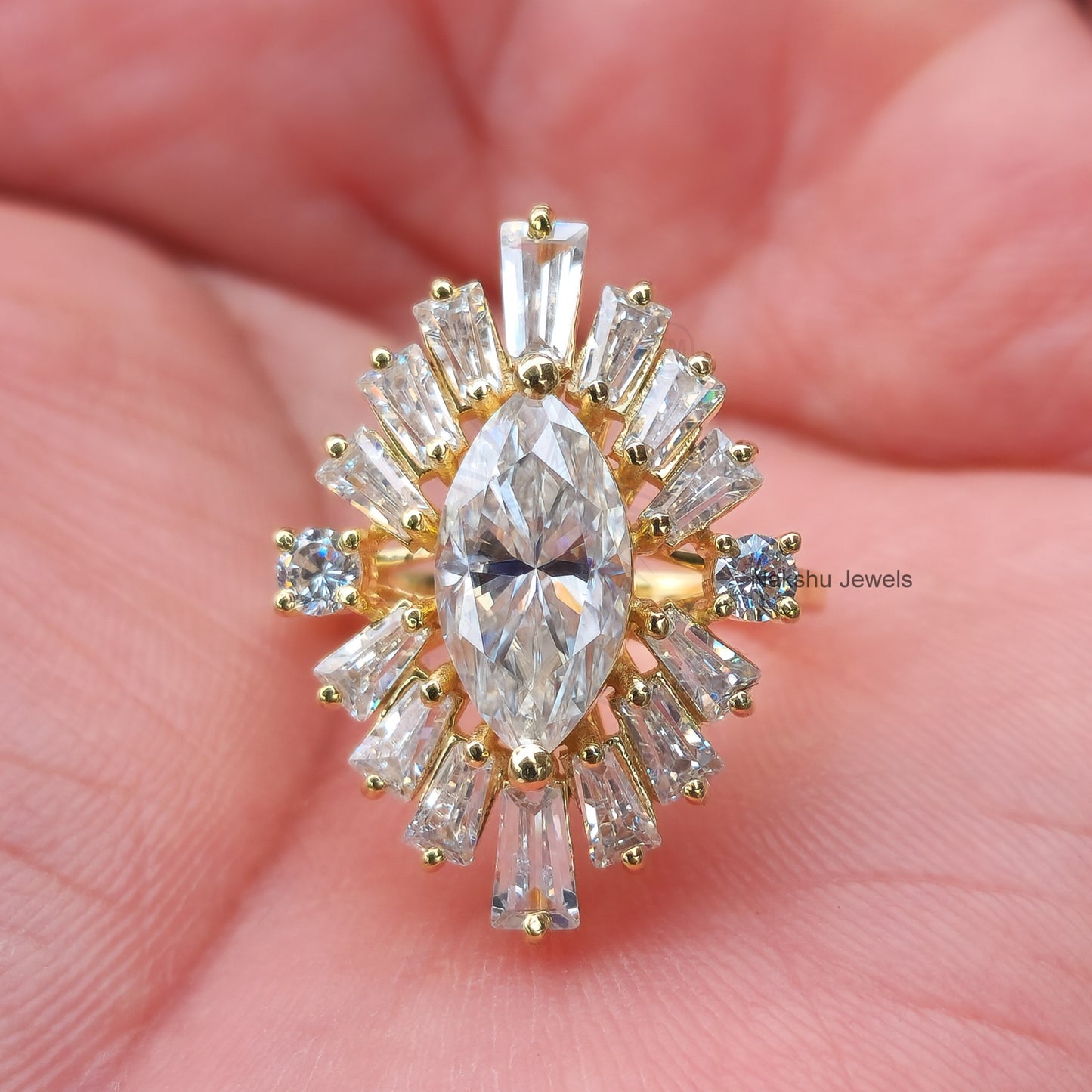 Marquise Cut Moissanite Sunburst Halo Engagement Ring