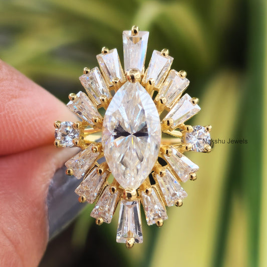 Marquise Cut Moissanite Sunburst Halo Engagement Ring