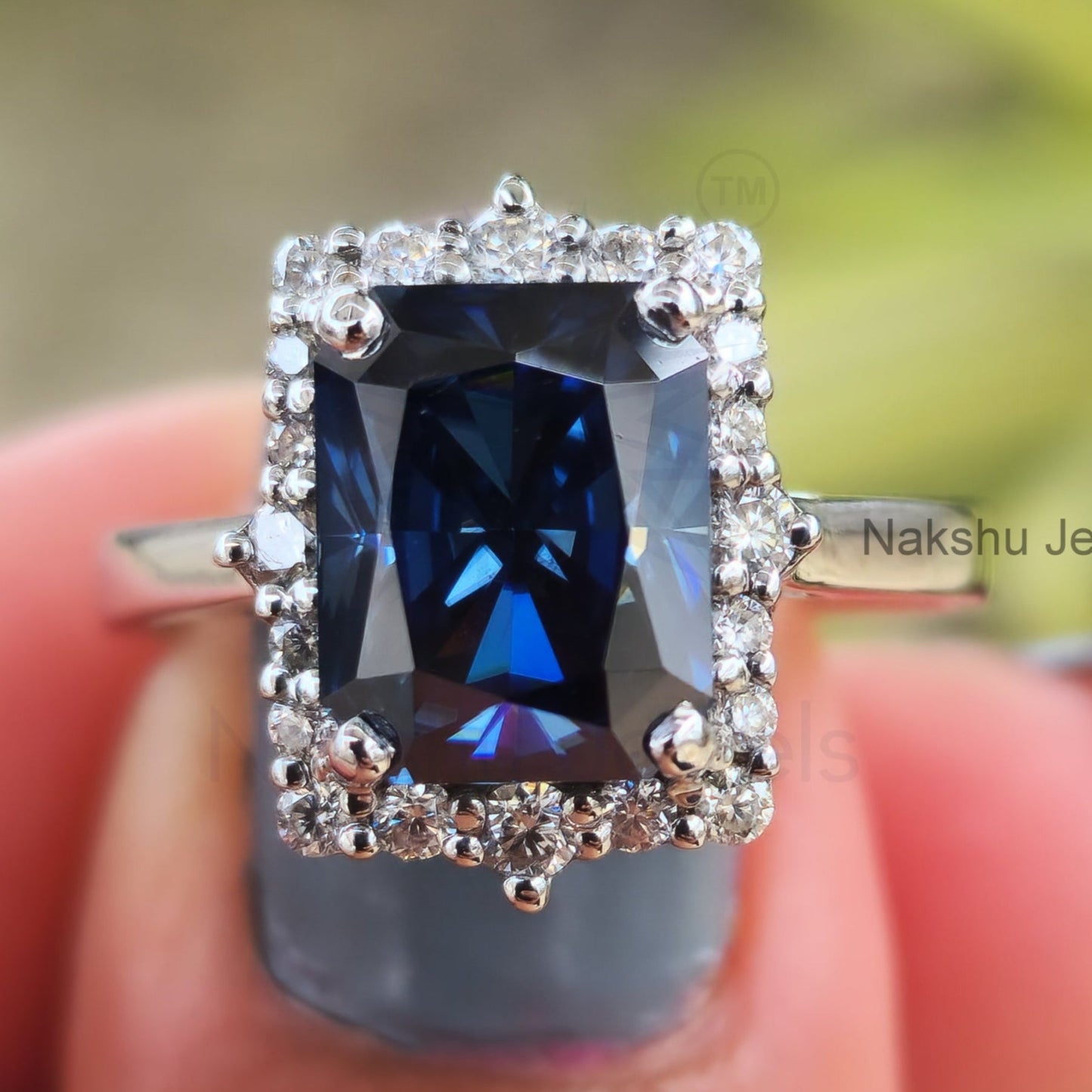 Antique Vintage Radiant Electric Blue Moissanite Halo Engagement Ring