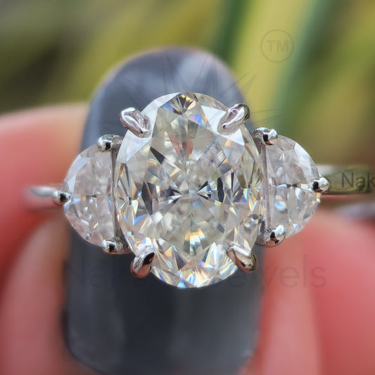 Oval Three Stone Moissanite Engagement Ring, Half Moon Cut Side Stone