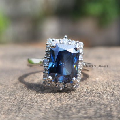 Antique Vintage Radiant Electric Blue Moissanite Halo Engagement Ring