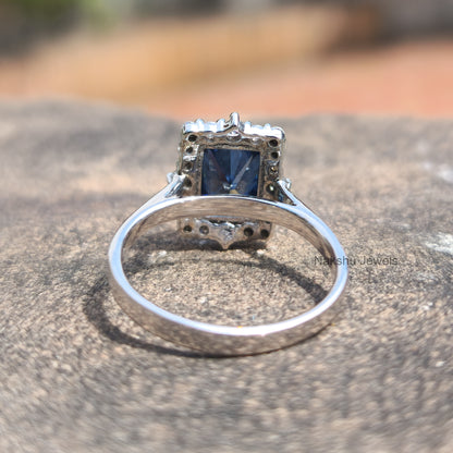 Antique Vintage Radiant Electric Blue Moissanite Halo Engagement Ring