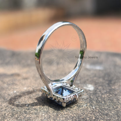 Antique Vintage Radiant Electric Blue Moissanite Halo Engagement Ring