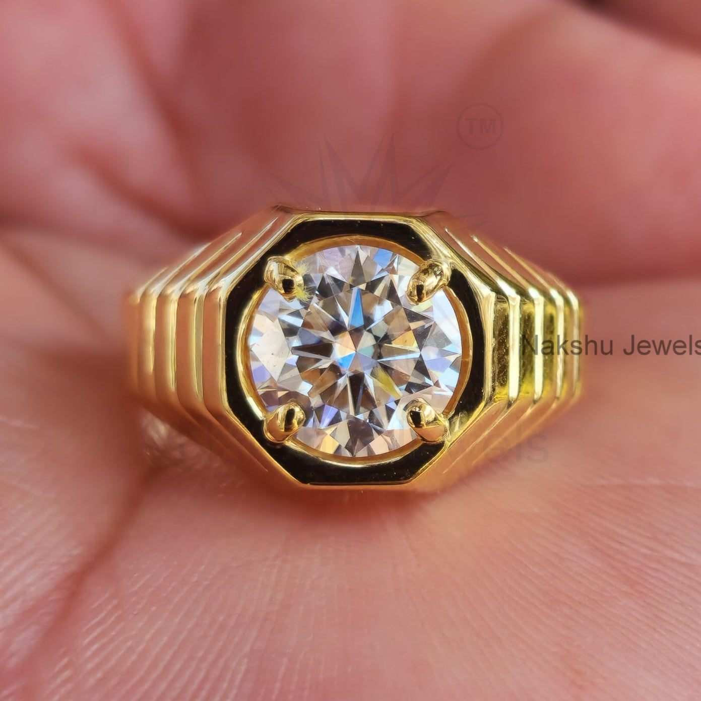 Round Cut Moissanite Solitaire Men's Engagement Ring In 14K Solid Gold