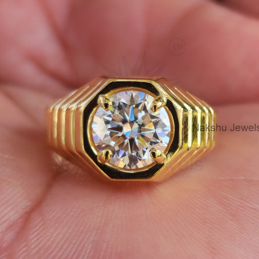 Round Cut Moissanite Solitaire Men's Engagement Ring In 14K Solid Gold
