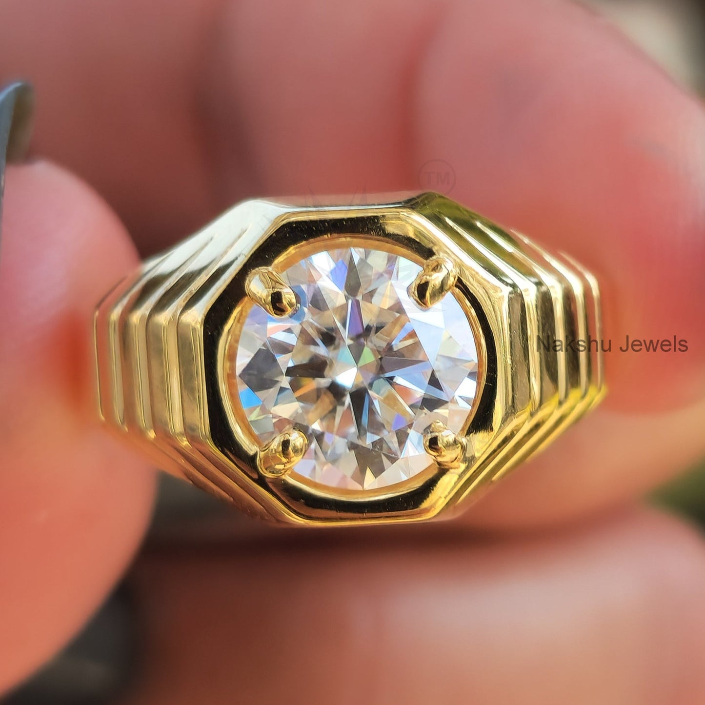 Round Cut Moissanite Solitaire Men's Engagement Ring In 14K Solid Gold