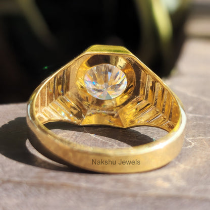 Round Cut Moissanite Solitaire Men's Engagement Ring In 14K Solid Gold
