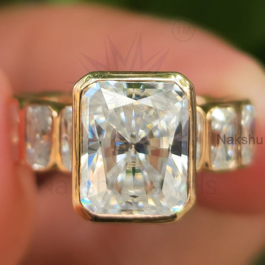 Radiant Cut Moissanite Bezel Set Engagement Ring, Radiant Eternity Band