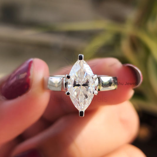 6-Prong Marquise Cut Moissanite Solitaire Engagement Ring with Wide Band