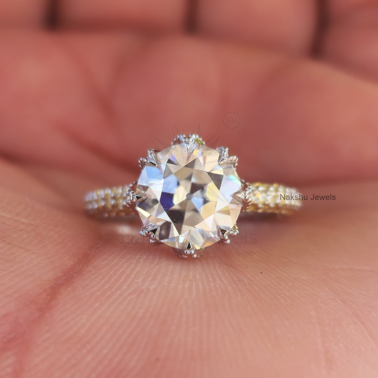 Vintage Style Old European Cur Round Moissanite Engagement Ring, Tulip Lotus flower basket Setting Ring