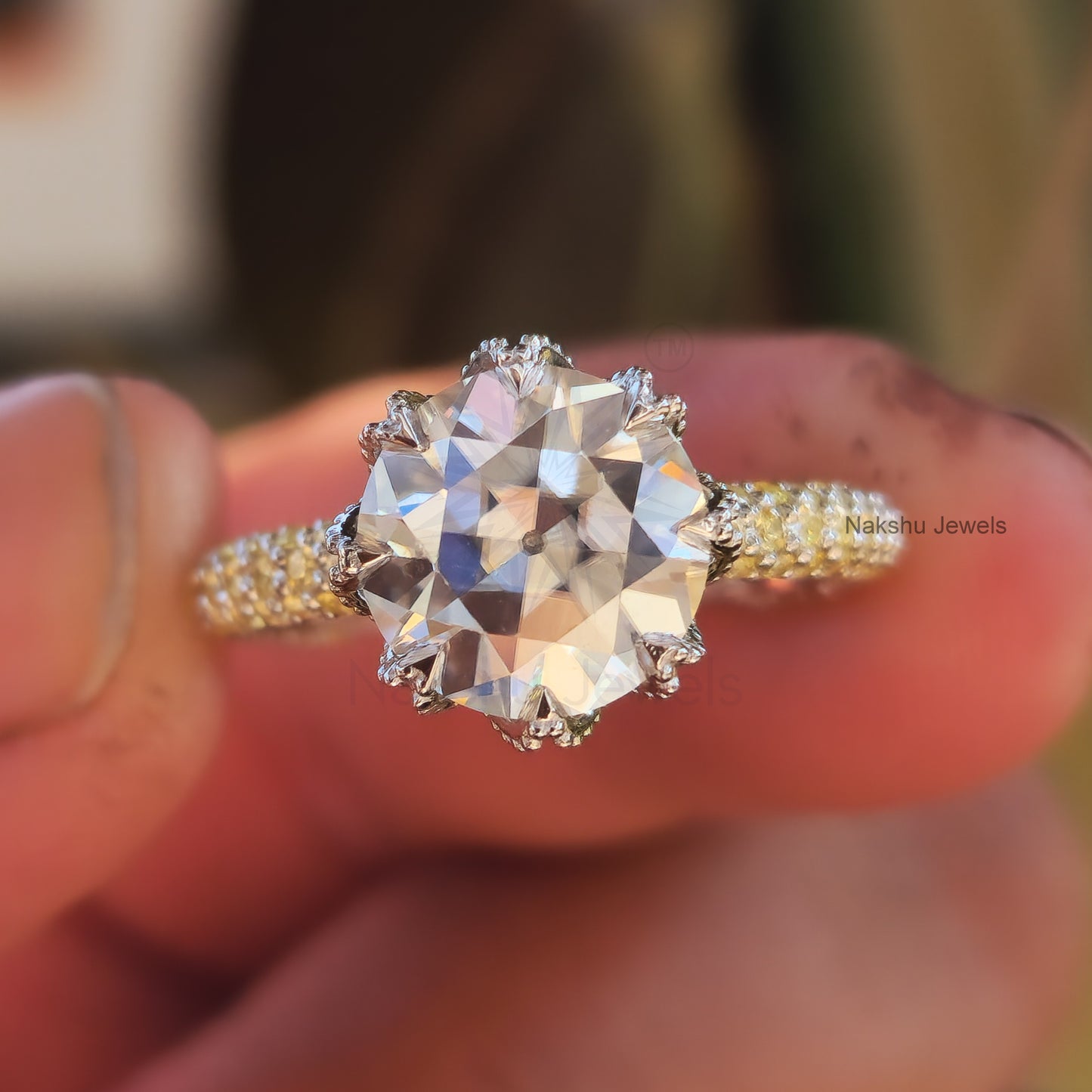 Vintage Style Old European Cur Round Moissanite Engagement Ring, Tulip Lotus flower basket Setting Ring