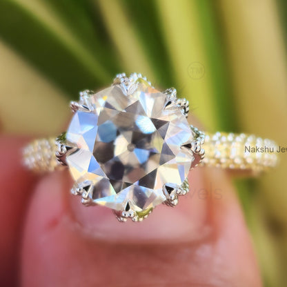 Vintage Style Old European Cur Round Moissanite Engagement Ring, Tulip Lotus flower basket Setting Ring