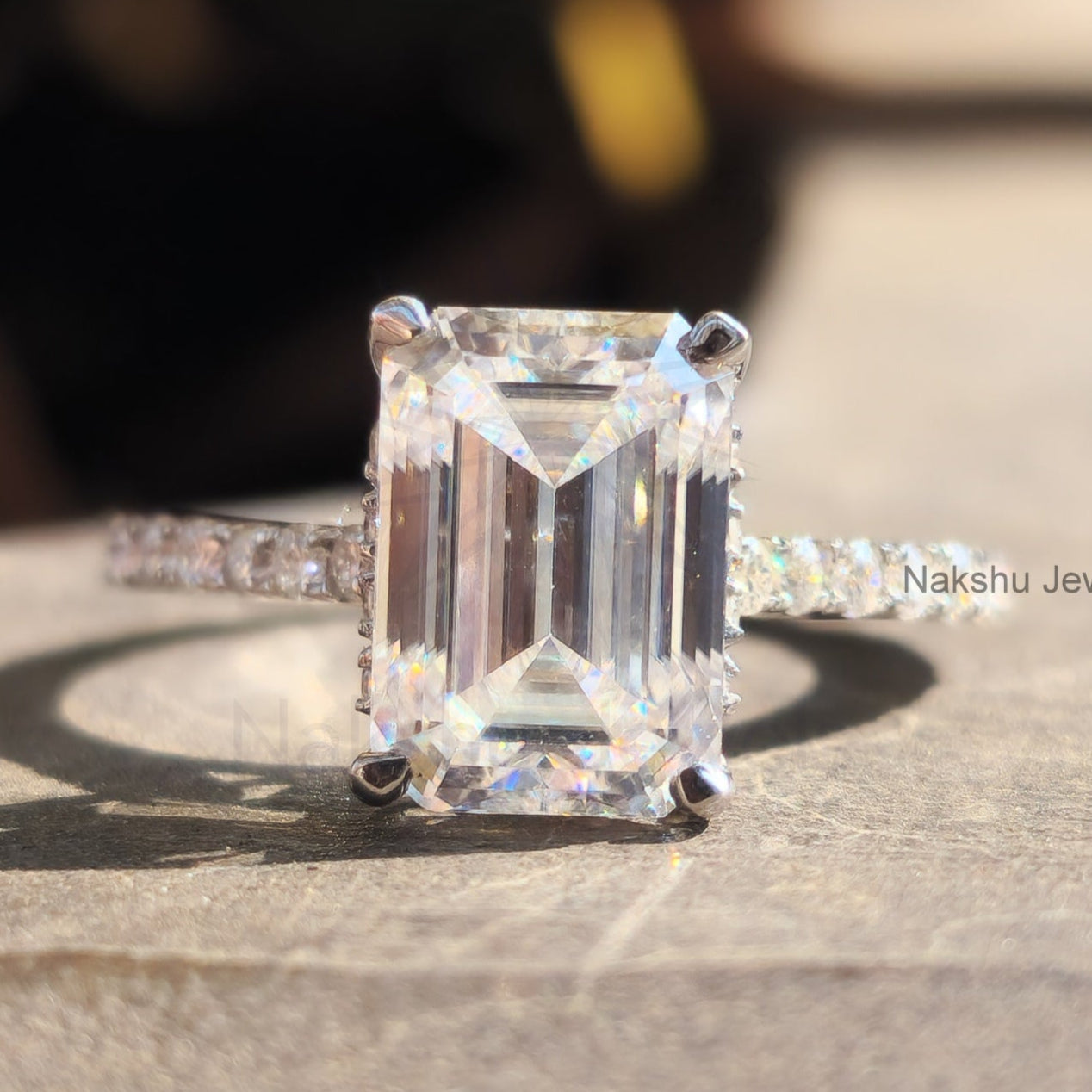 Emerald Cut Moissanite Hidden Halo Pave Set Engagement Ring
