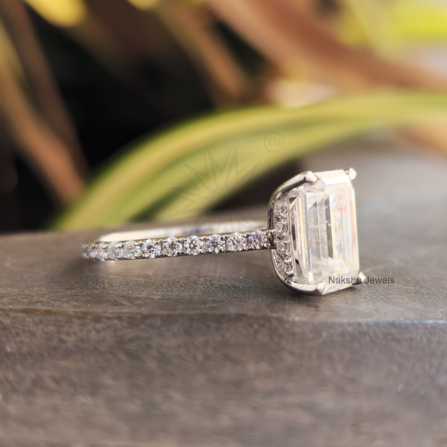 Emerald Cut Moissanite Hidden Halo Pave Set Engagement Ring