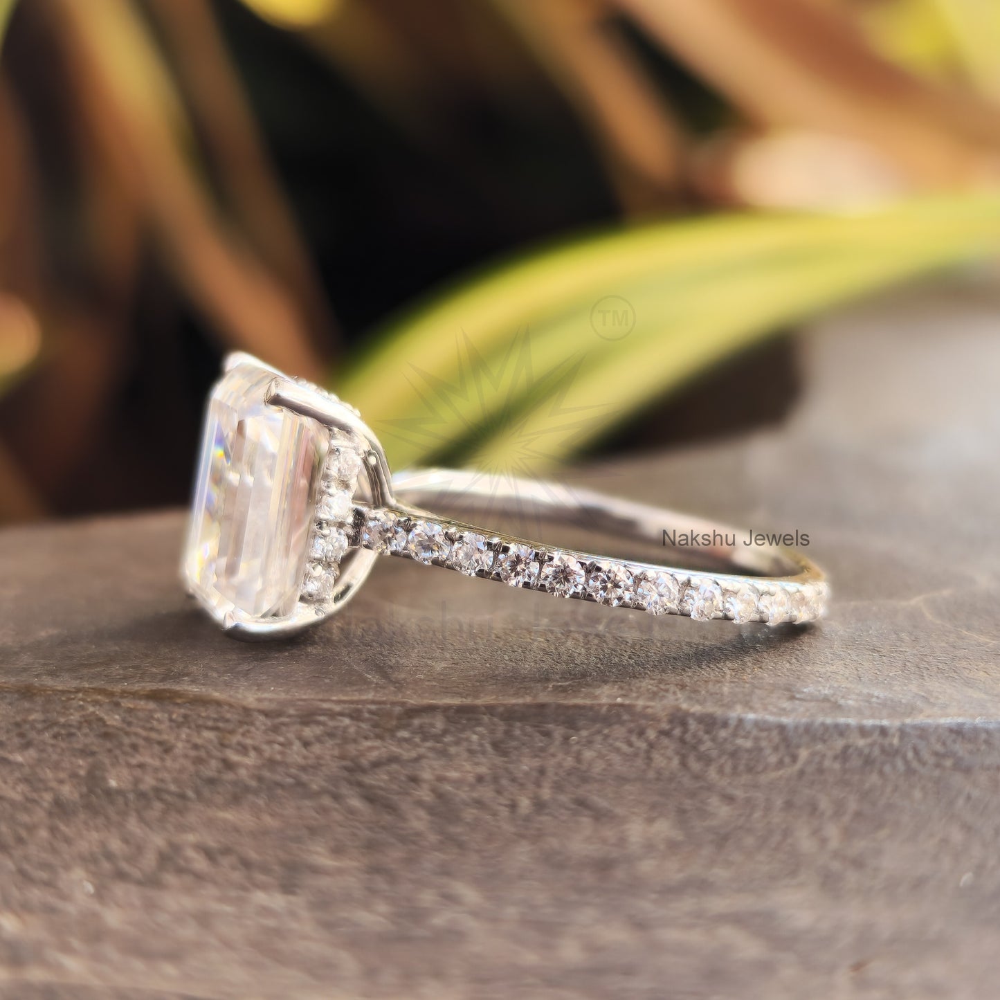 Emerald Cut Moissanite Hidden Halo Pave Set Engagement Ring