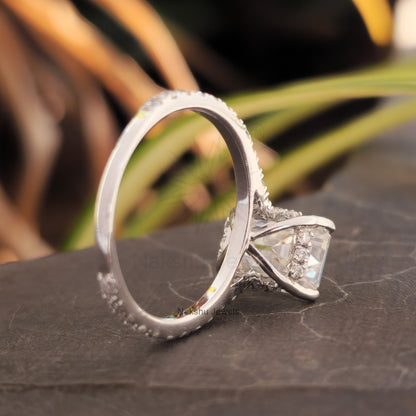 Emerald Cut Moissanite Hidden Halo Pave Set Engagement Ring