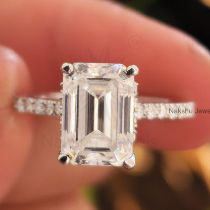 Emerald Cut Moissanite Hidden Halo Pave Set Engagement Ring