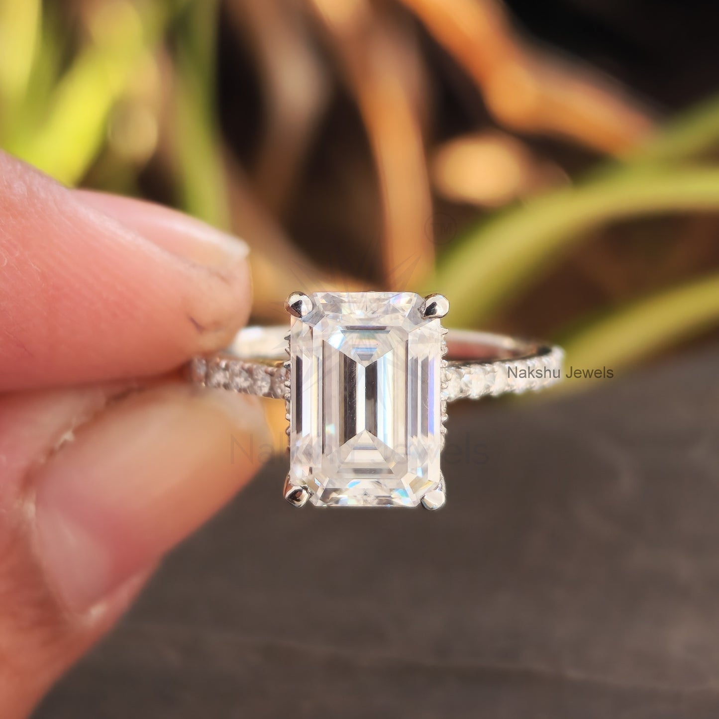 Emerald Cut Moissanite Hidden Halo Pave Set Engagement Ring