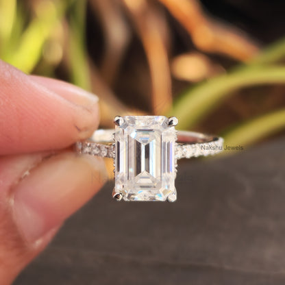 Emerald Cut Moissanite Hidden Halo Pave Set Engagement Ring