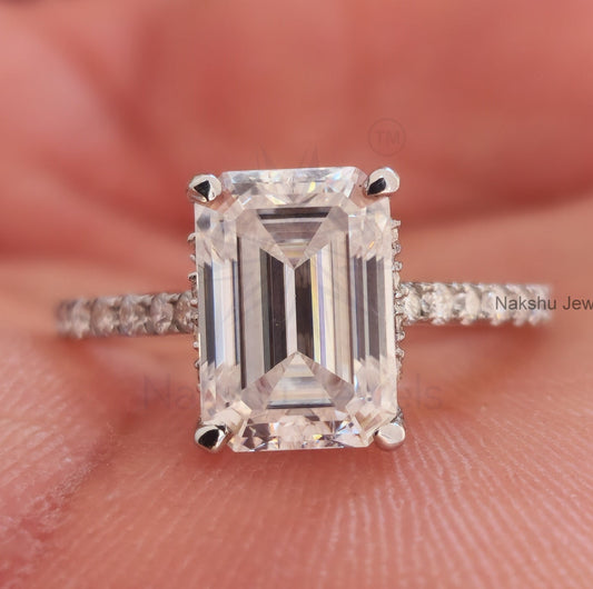 Emerald Cut Moissanite Hidden Halo Pave Set Engagement Ring