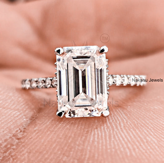 Emerald Cut Moissanite Hidden Halo Pave Set Engagement Ring