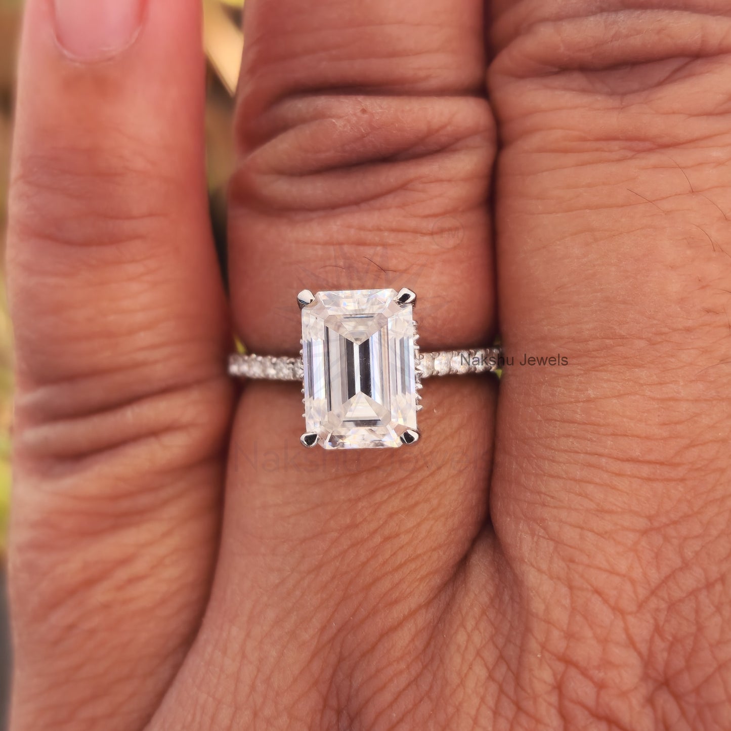Emerald Cut Moissanite Hidden Halo Pave Set Engagement Ring