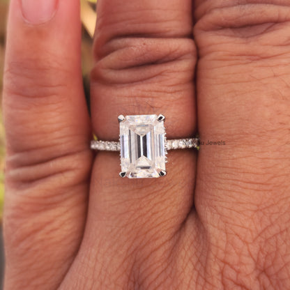 Emerald Cut Moissanite Hidden Halo Pave Set Engagement Ring