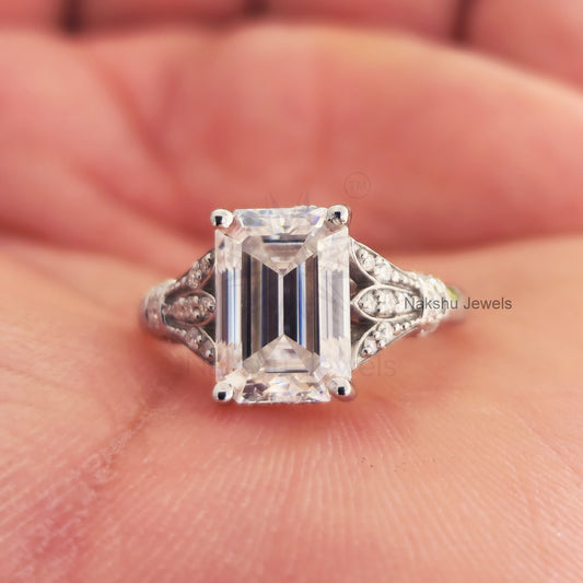 Vintage Style Emerald Cut Moissanite Engagement Ring