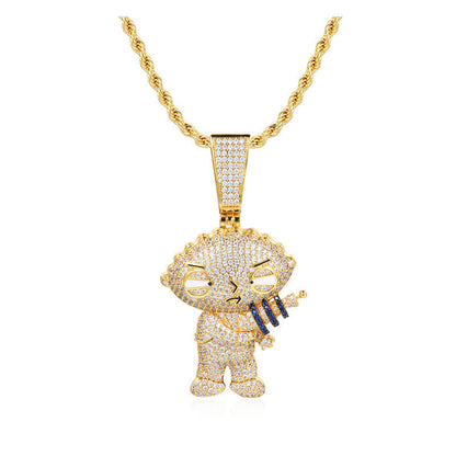 Round Cut Natural Moissanite" Pendant Character Charm White Gold Finish Cartoon Stewie Griffin Hip Hop Moissanite Pendant