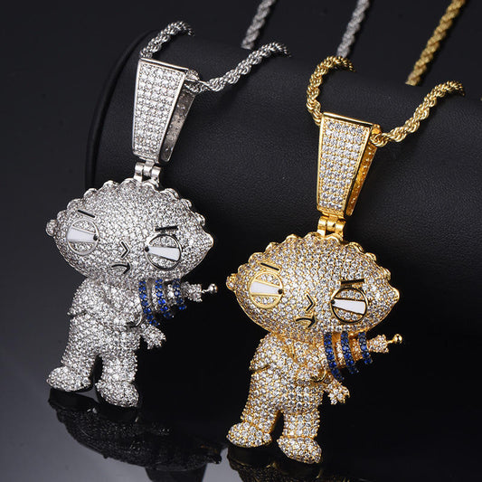 Round Cut Moissanite Hip Hop Stewie Griffin Cartoon Character Pendant In 925 Sterling Silver For Men, Women and Rapper