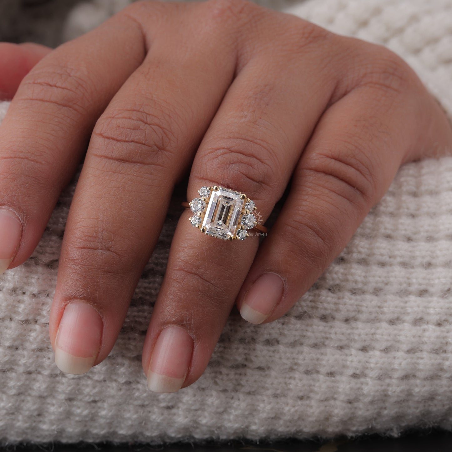 Vintage Style Emerald Cut Moissanite Engagement Ring, 14K Solid Gold Cluster Set Wedding Ring For Women