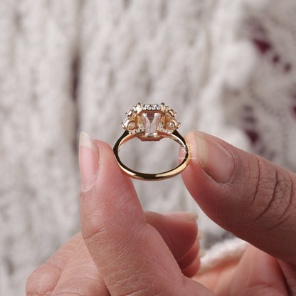 Vintage Style Emerald Cut Moissanite Engagement Ring, 14K Solid Gold Cluster Set Wedding Ring For Women