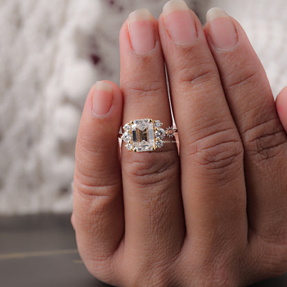 Vintage Style Emerald Cut Moissanite Engagement Ring, 14K Solid Gold Cluster Set Wedding Ring For Women