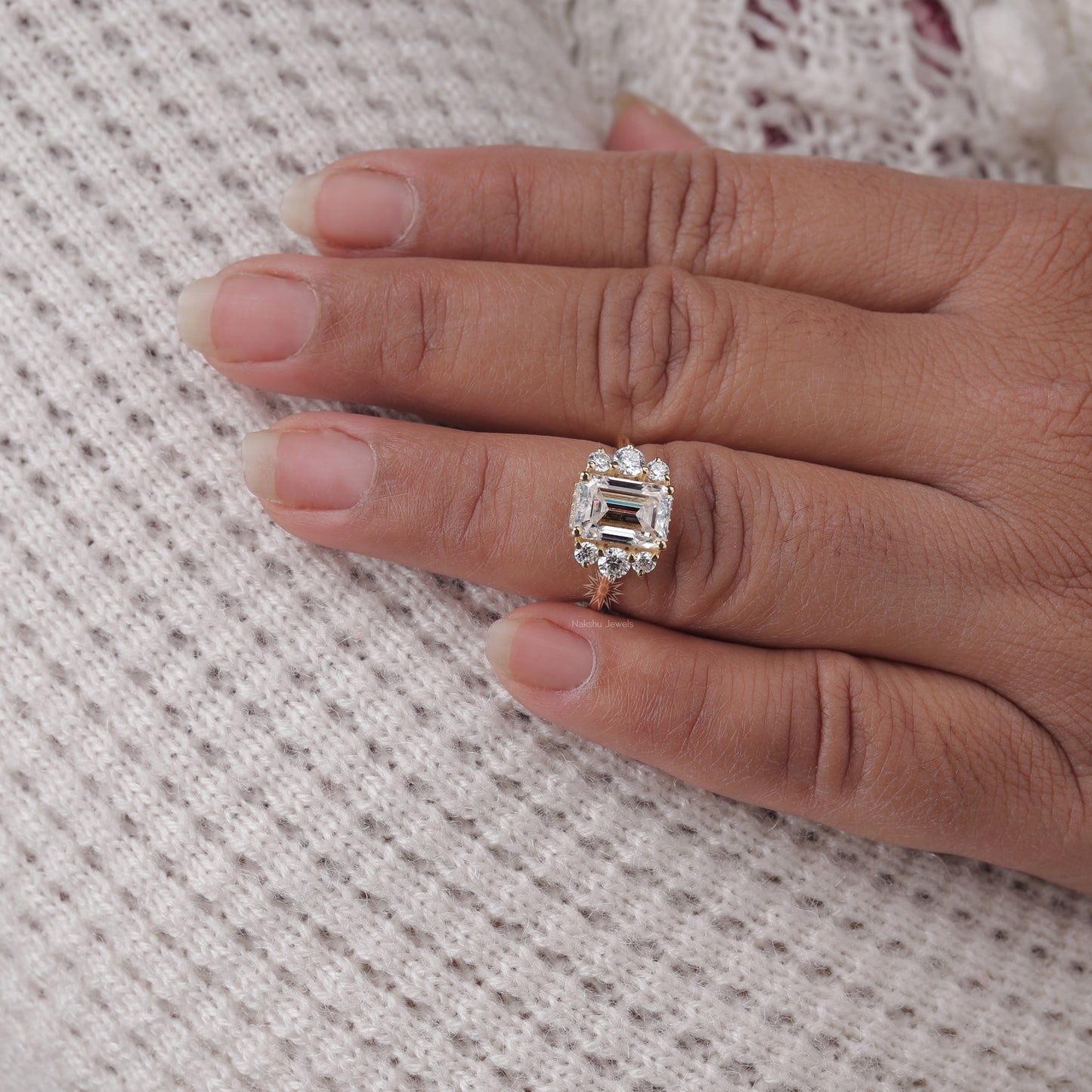 Vintage Style Emerald Cut Moissanite Engagement Ring, 14K Solid Gold Cluster Set Wedding Ring For Women