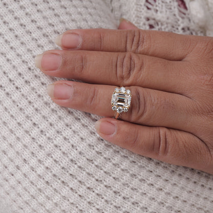 Vintage Style Emerald Cut Moissanite Engagement Ring, 14K Solid Gold Cluster Set Wedding Ring For Women