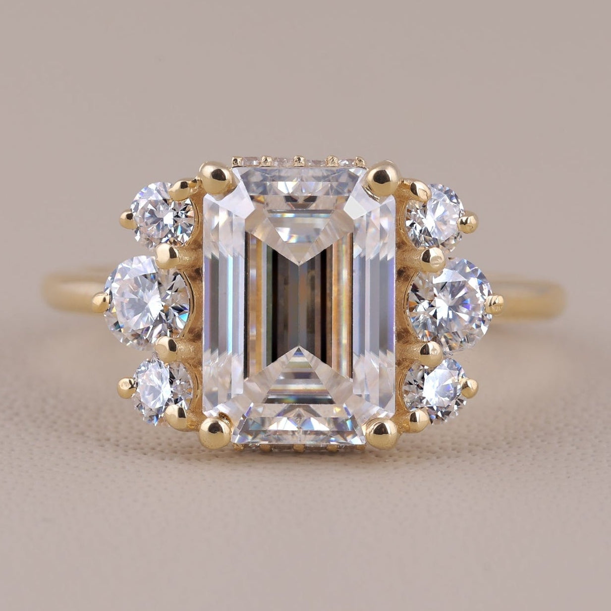 Vintage Style Emerald Cut Moissanite Engagement Ring, 14K Solid Gold Cluster Set Wedding Ring For Women