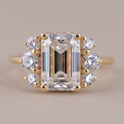 Vintage Style Emerald Cut Moissanite Engagement Ring, 14K Solid Gold Cluster Set Wedding Ring For Women