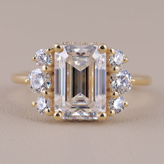 Vintage Style Emerald Cut Moissanite Engagement Ring, 14K Solid Gold Cluster Set Wedding Ring For Women