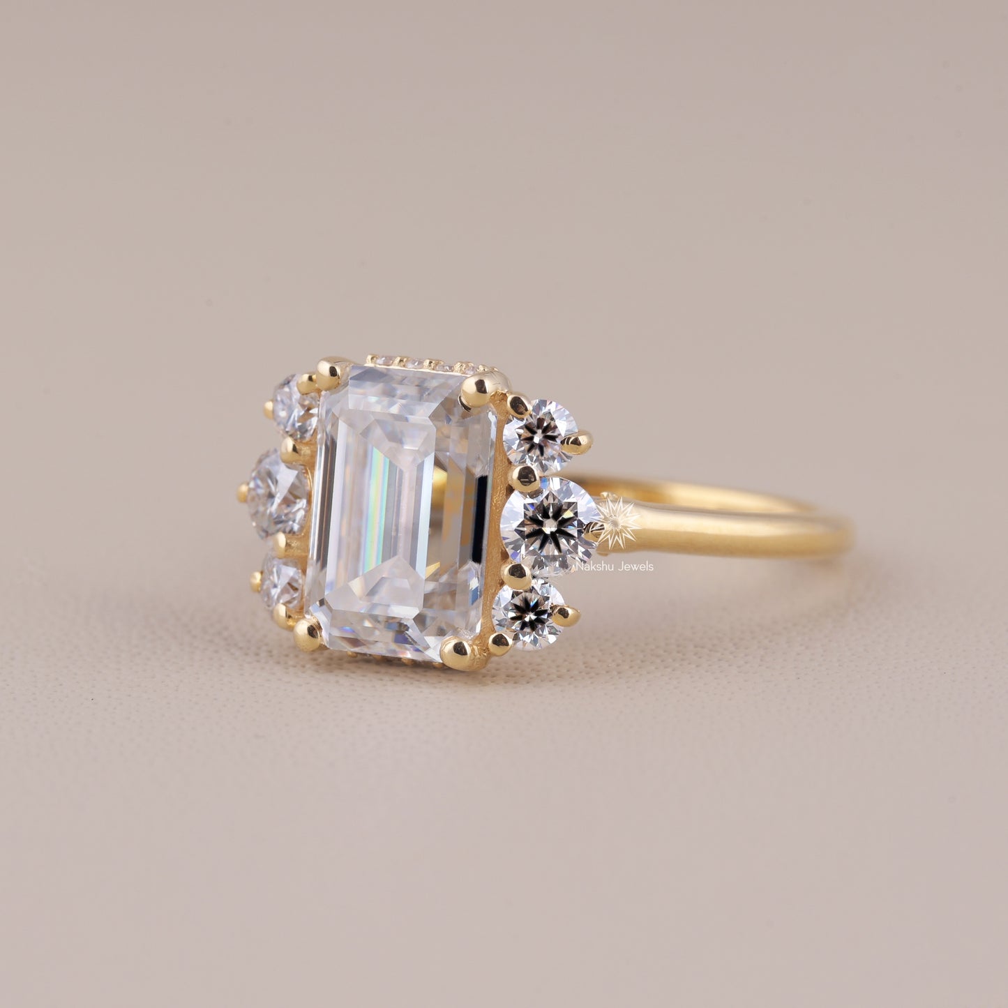 Vintage Style Emerald Cut Moissanite Engagement Ring, 14K Solid Gold Cluster Set Wedding Ring For Women