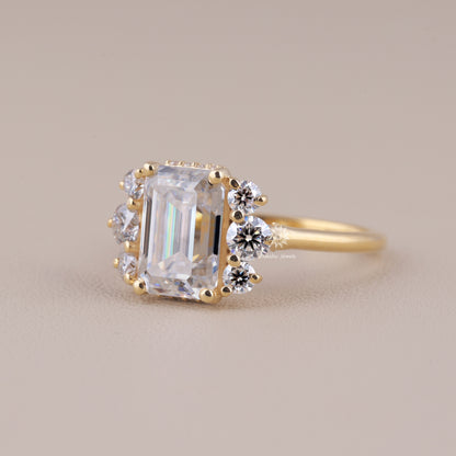 Vintage Style Emerald Cut Moissanite Engagement Ring, 14K Solid Gold Cluster Set Wedding Ring For Women